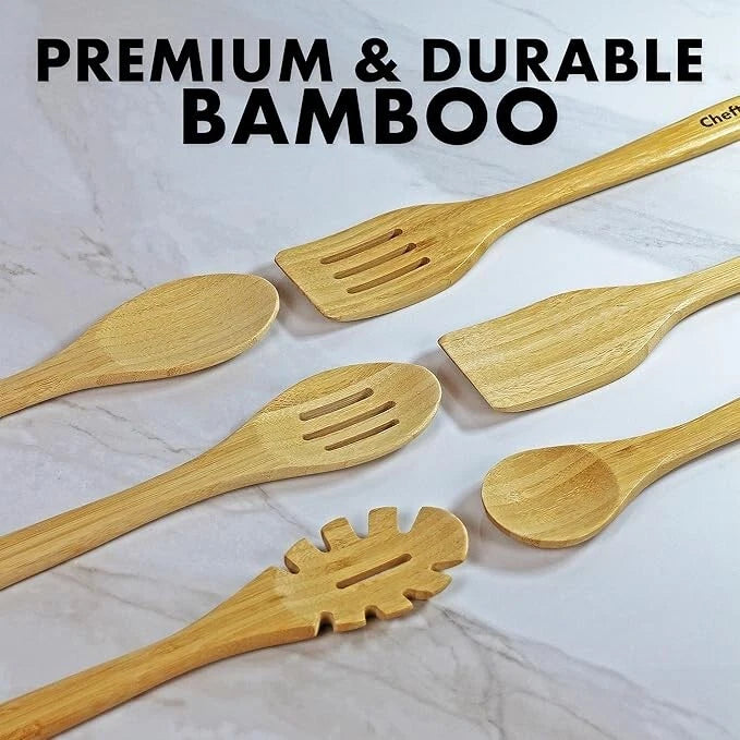6 Piece Cooking Utensil Set, Heavy Duty Bamboo Wood Heat Resistant Kitchen Tools